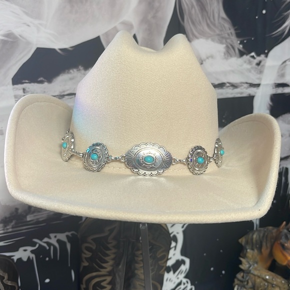 Accessories - Beige /creme felt Cowboy/Fedora Hat  with Turquoise faux silver band